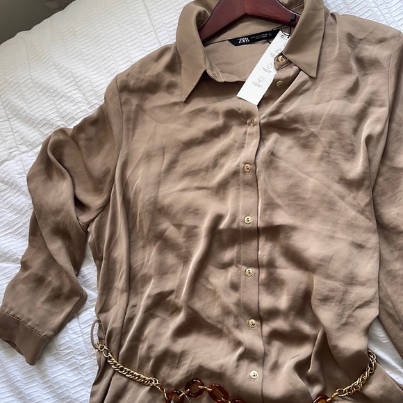 Zara Dresses & Skirts - ZARA satin midi dress button down with belt